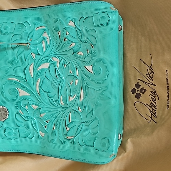 Patricia Nash Leather Cut Out Tooling Collection Cavo Floral Tote ❤️ 💙 Aqua - Picture 14 of 16
